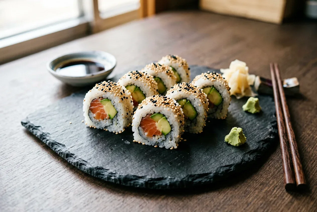 Филадельфия лайт с авокадо на тёмной деревянной доске, вид сверху