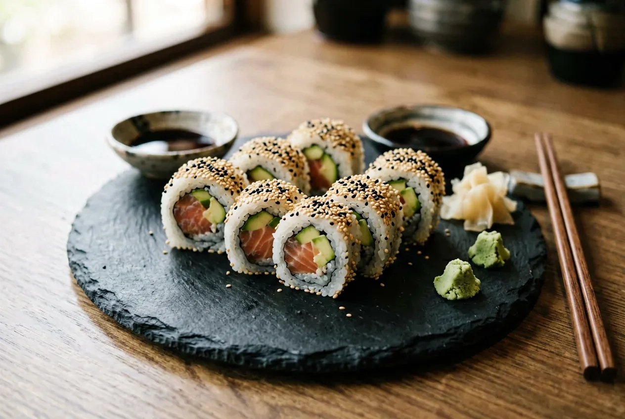 Идзу с угрём и сыром на тёмной деревянной доске, вид сверху