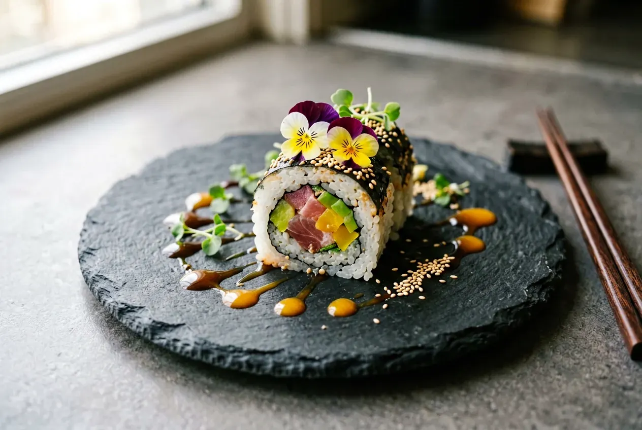 Ролл с уткой и хойсин-соусом на тёмной деревянной доске, вид сверху