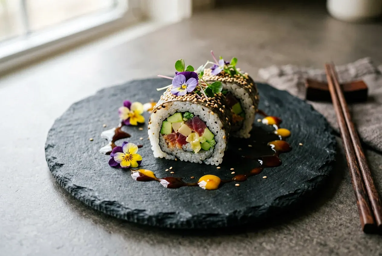 Десертный ролл с клубникой и сливочным сыром на тёмной деревянной доске, вид сверху