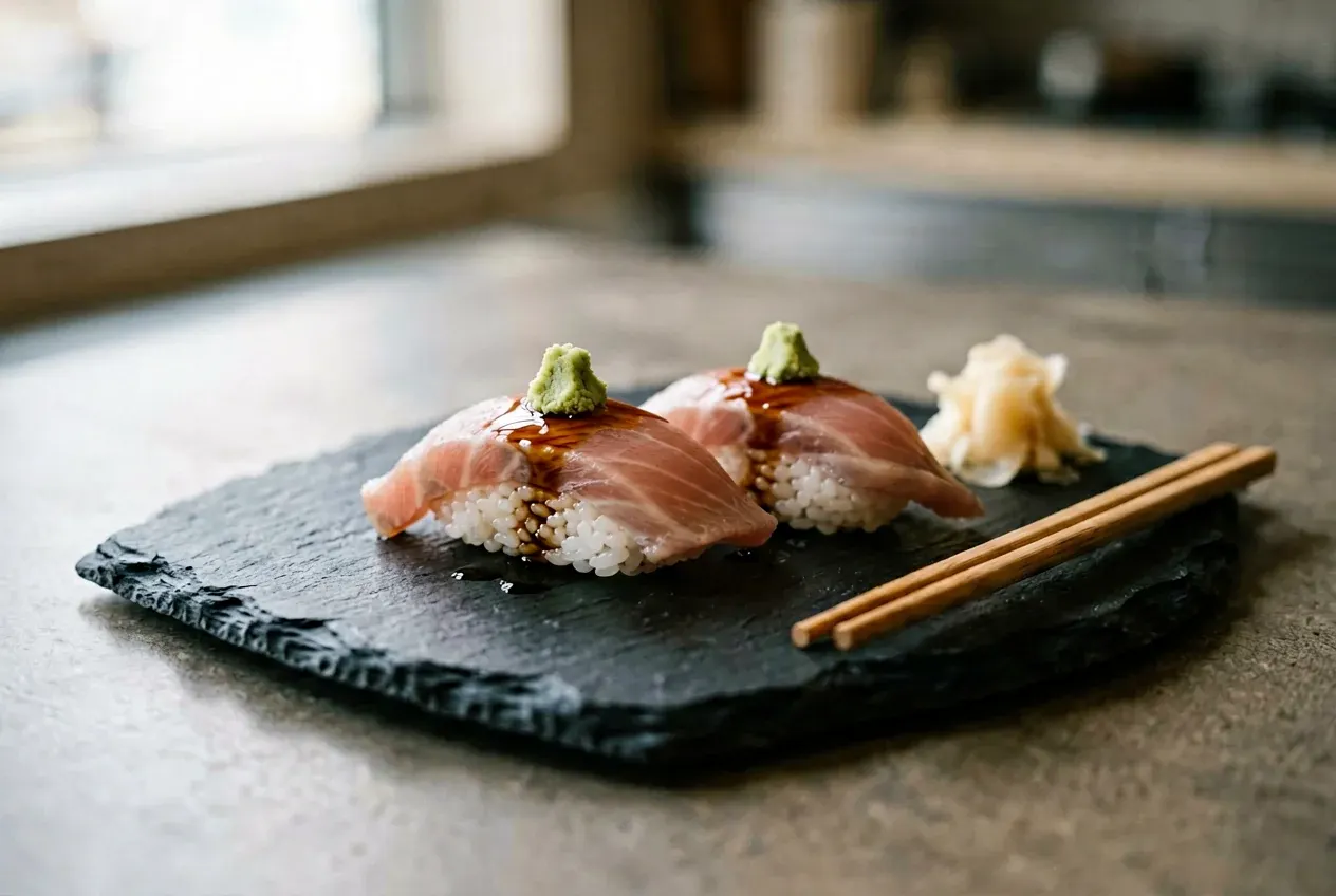 Нигири с тамаго (омлет) на тёмной деревянной доске, вид сверху