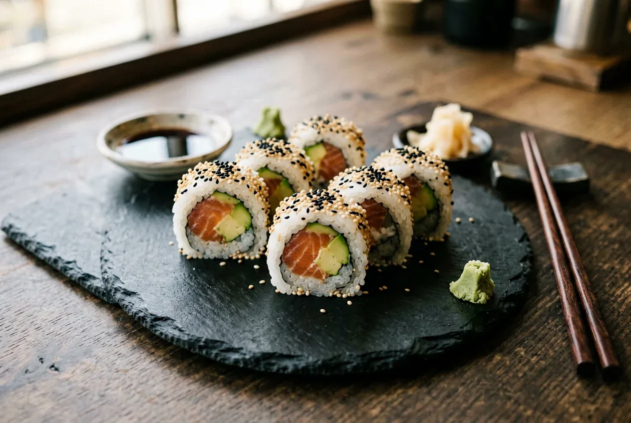 Спайси-туна с острым соусом на тёмной деревянной доске, вид сверху