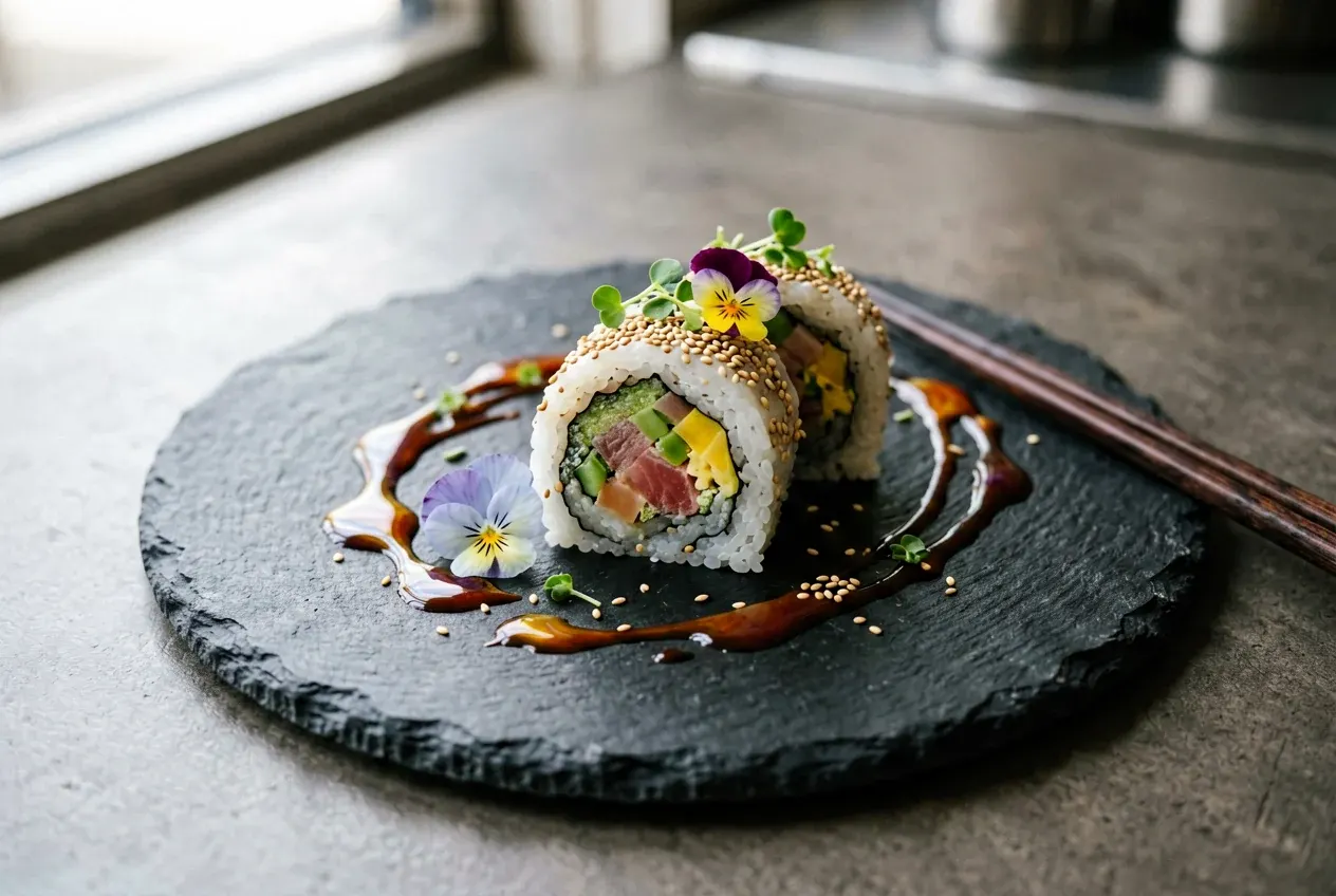 Десертный ролл с шоколадом и бананом на тёмной деревянной доске, вид сверху