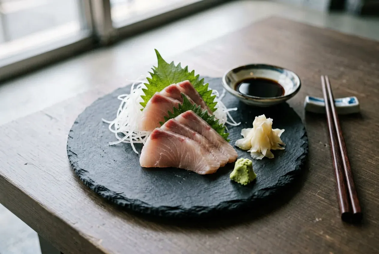 Сашими из осьминога на тёмной деревянной доске, вид сверху