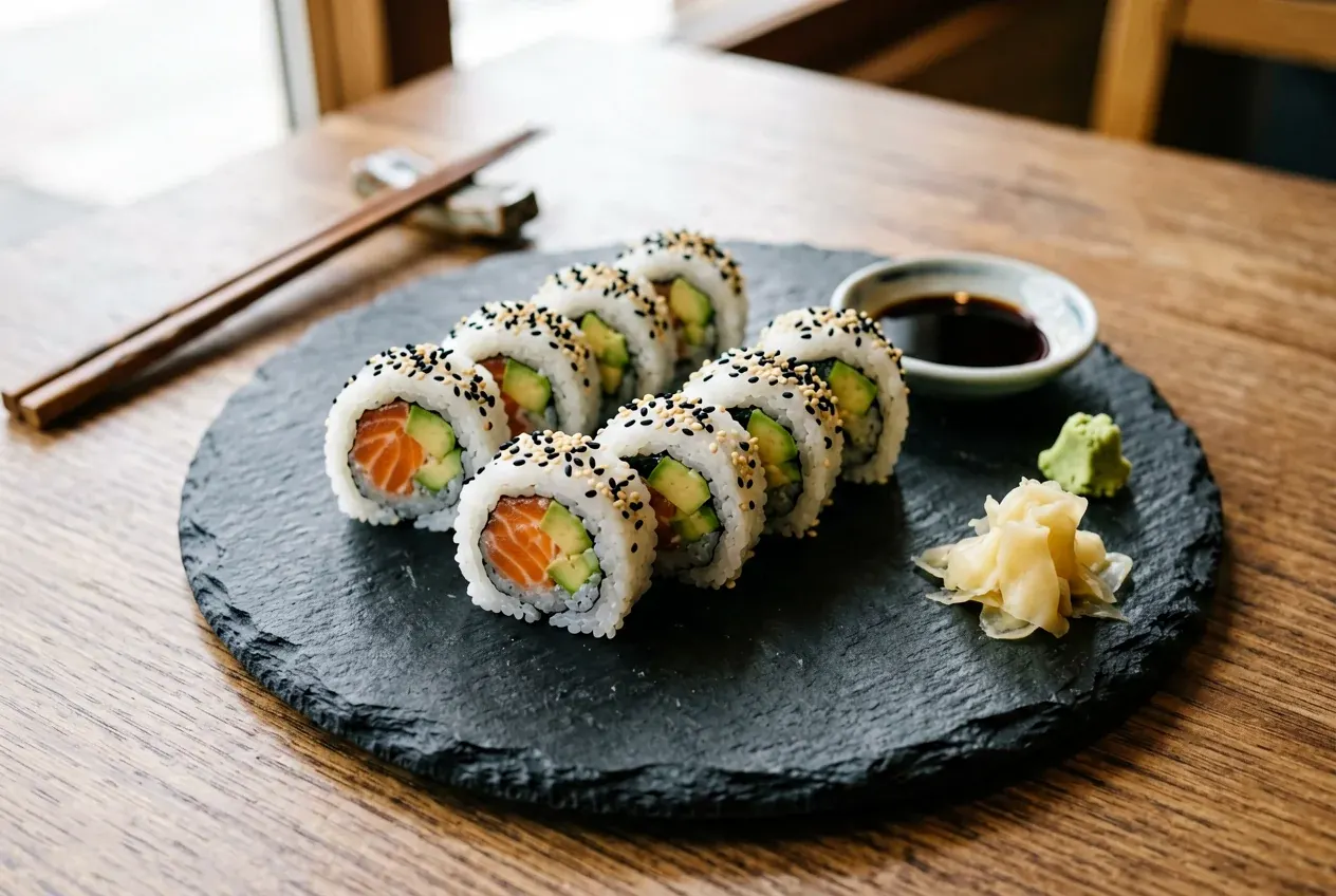 Филадельфия с лососем на тёмной деревянной доске, вид сверху