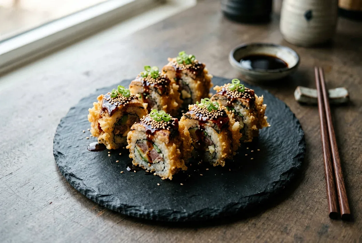 Темпура с угрём и спайси на тёмной деревянной доске, вид сверху