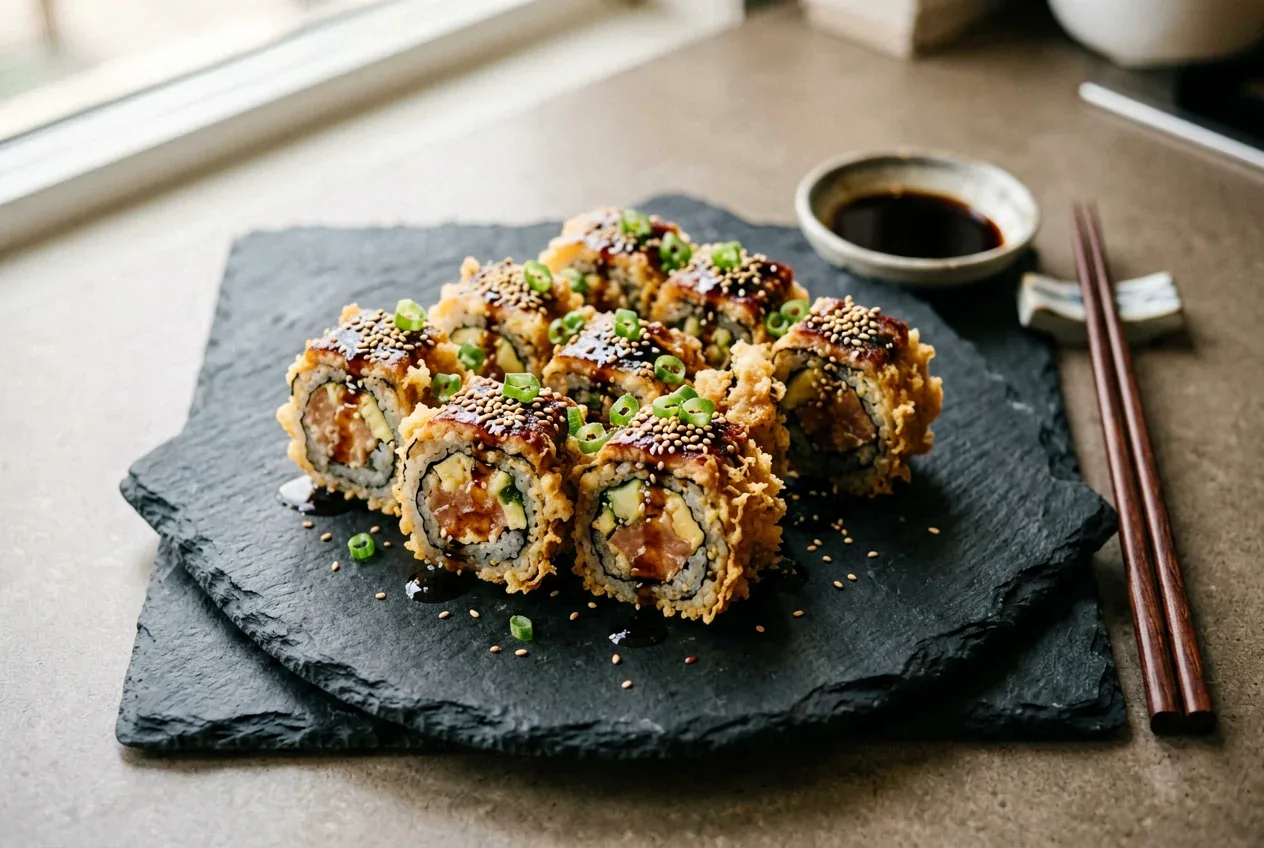 Темпура-ролл с крабом и спайси-майо на тёмной деревянной доске, вид сверху