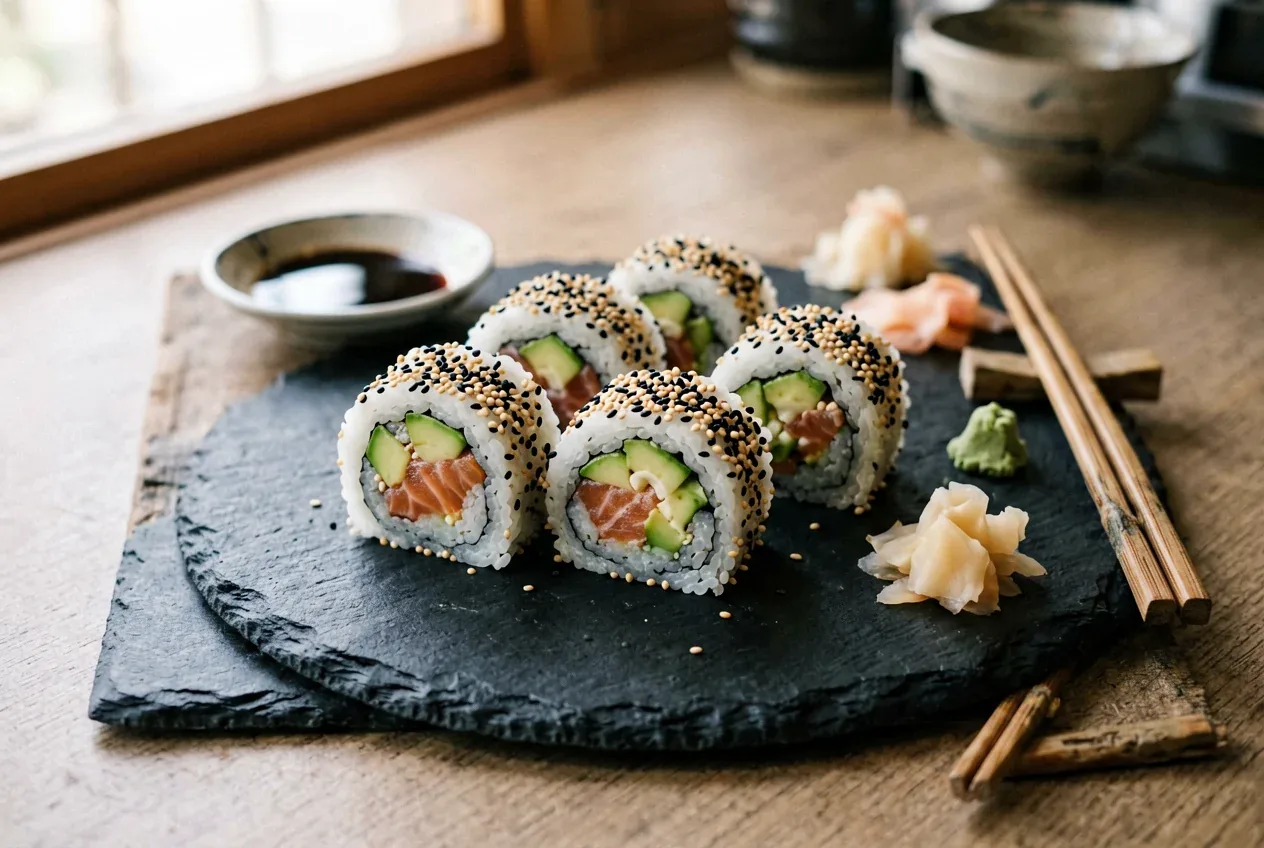 Бостон с тунцом и салатом на тёмной деревянной доске, вид сверху