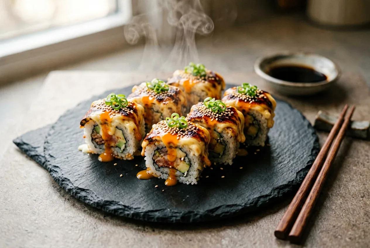 Запечённый с тунцом и каперсами на тёмной деревянной доске, вид сверху