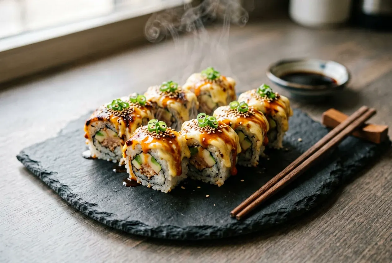 Запечённый ролл с лососем под сырной шапкой на тёмной деревянной доске, вид сверху