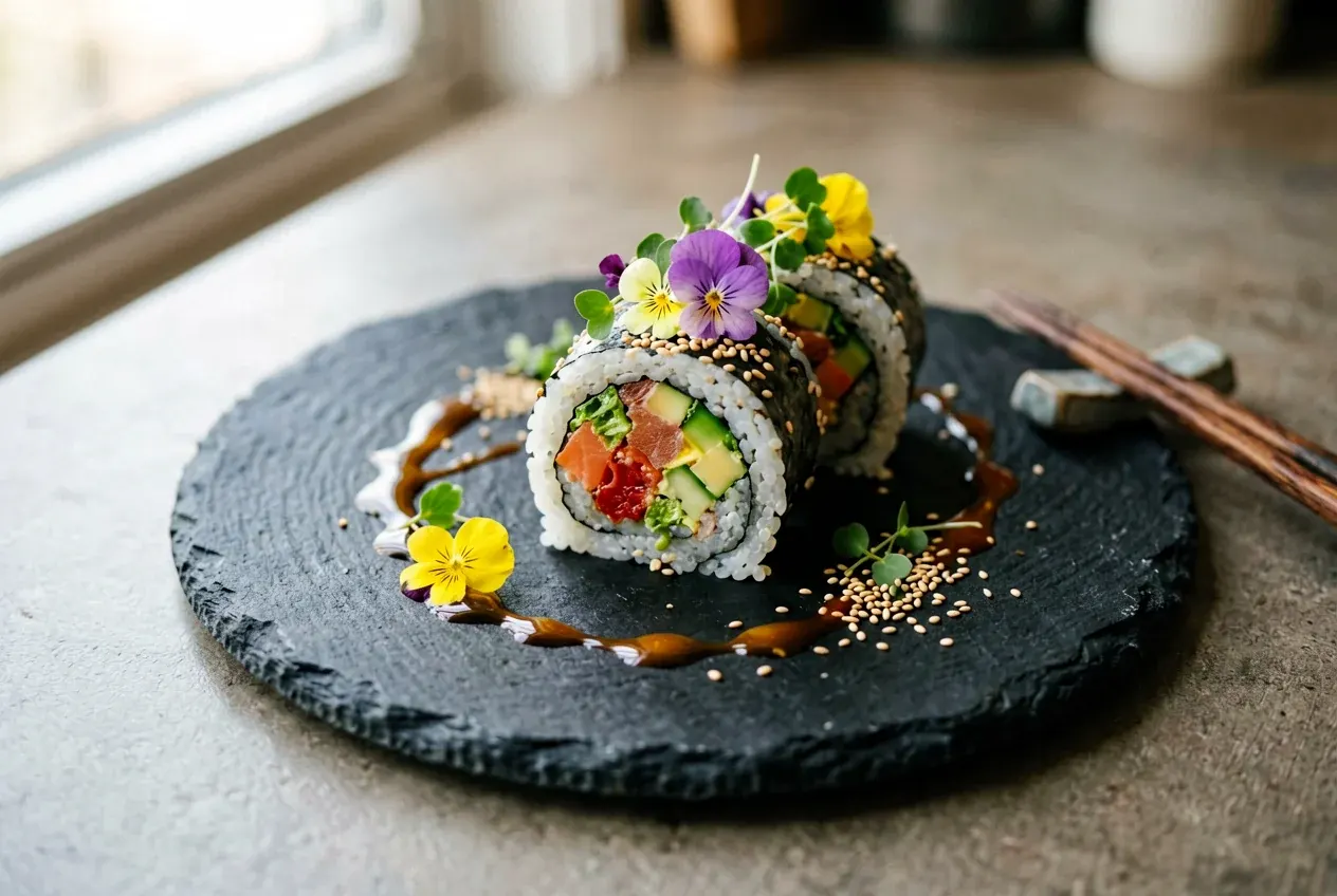 Ролл с креветкой и кокосом на тёмной деревянной доске, вид сверху