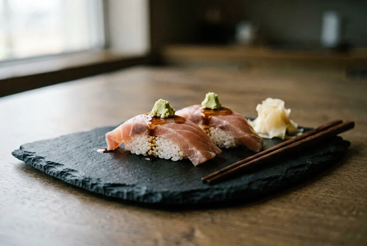 Нигири с обжаренным лососем (абури) на тёмной деревянной доске, вид сверху