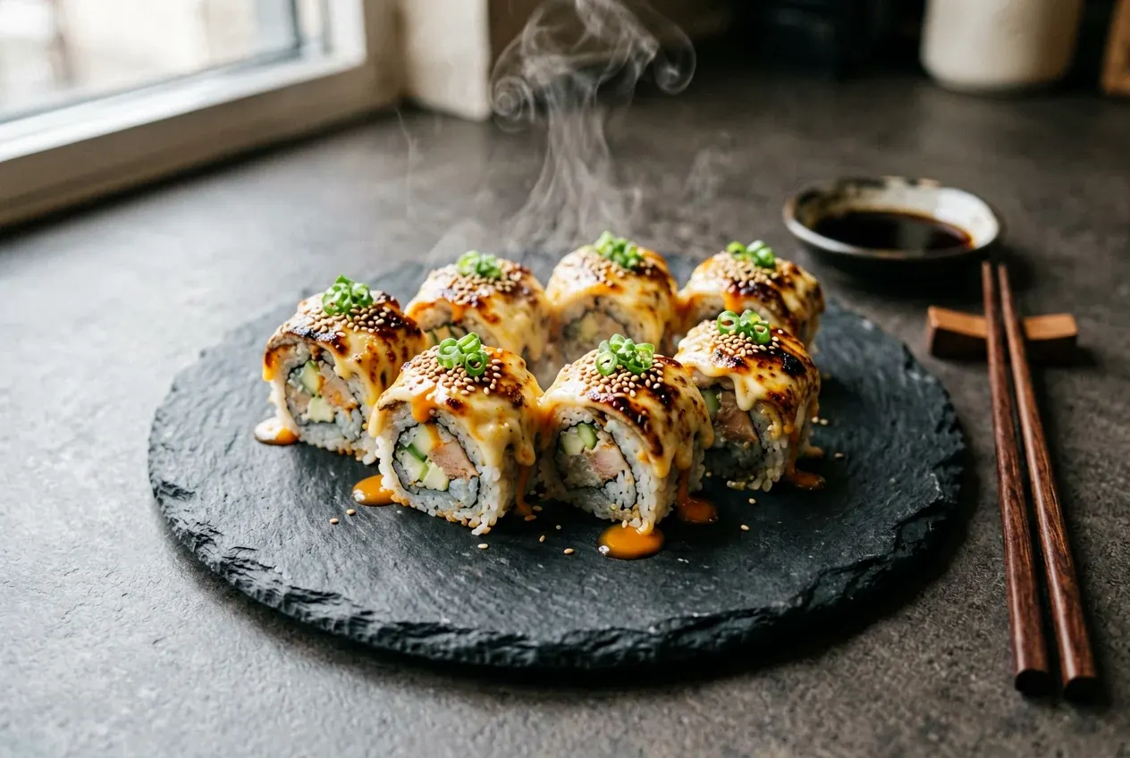 Запечённый с гребешком и пармезаном на тёмной деревянной доске, вид сверху