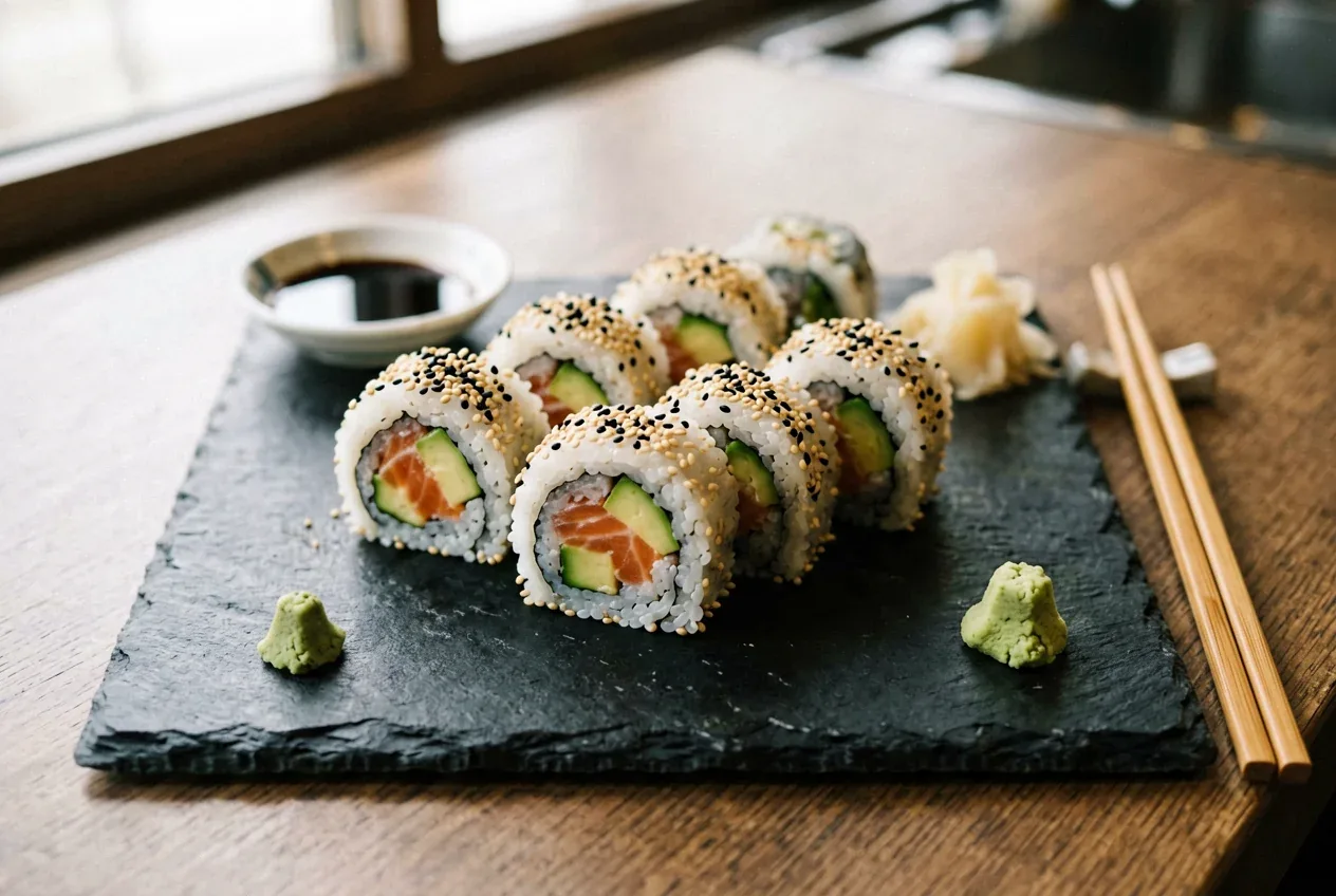 Бонито с тунцом и сушёным бонито на тёмной деревянной доске, вид сверху