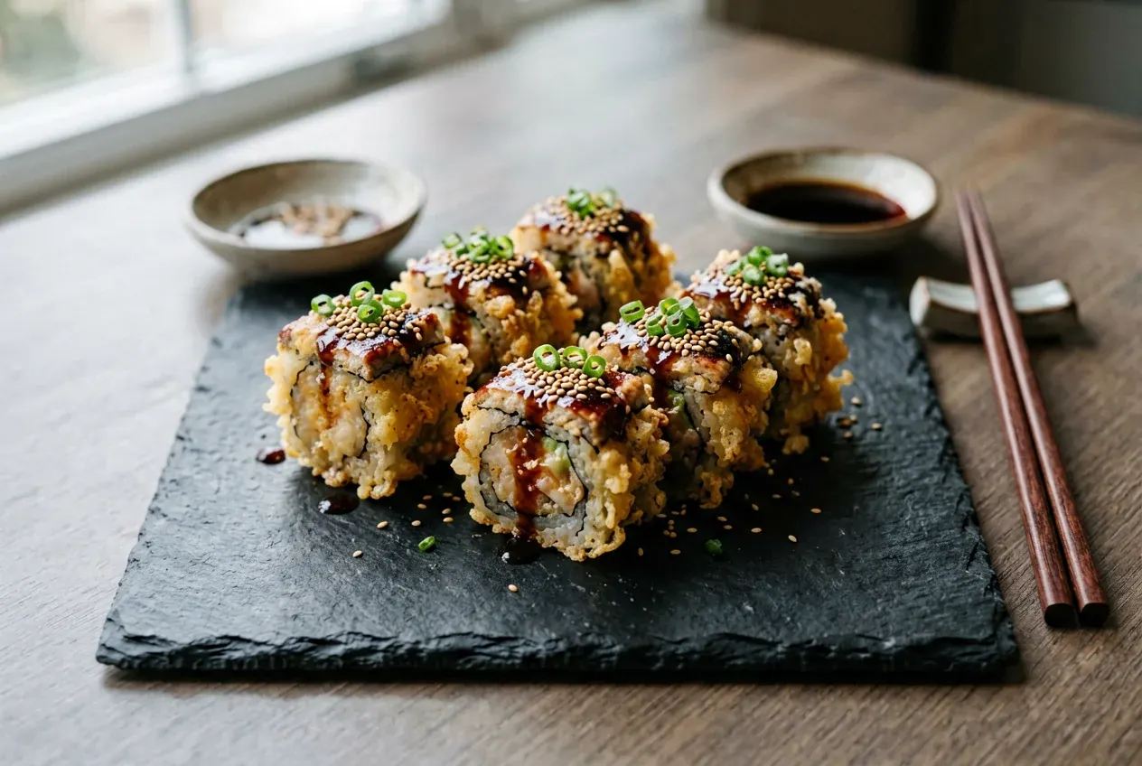 Темпура-ролл с креветкой на тёмной деревянной доске, вид сверху