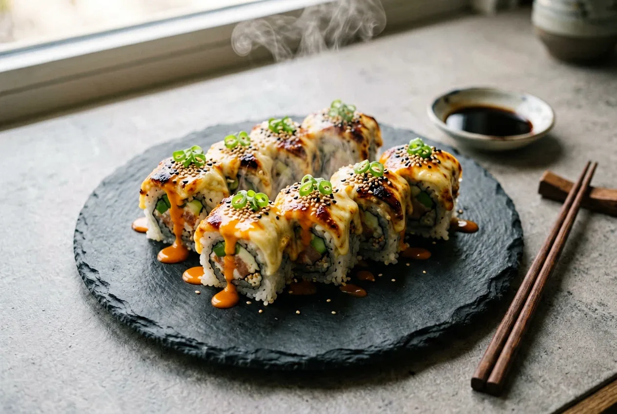 Запечённый ролл с креветкой и сыром на тёмной деревянной доске, вид сверху