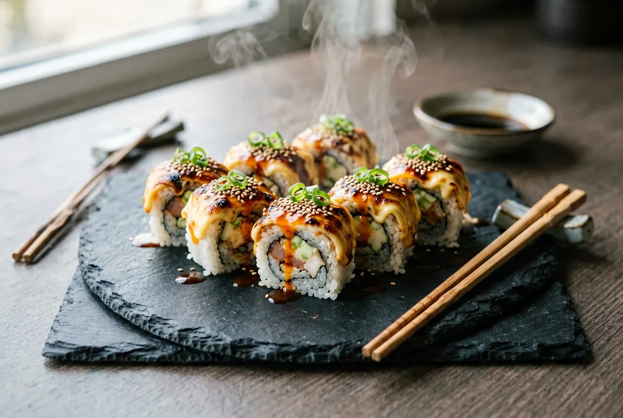 Запечённый с угрём и авокадо на тёмной деревянной доске, вид сверху