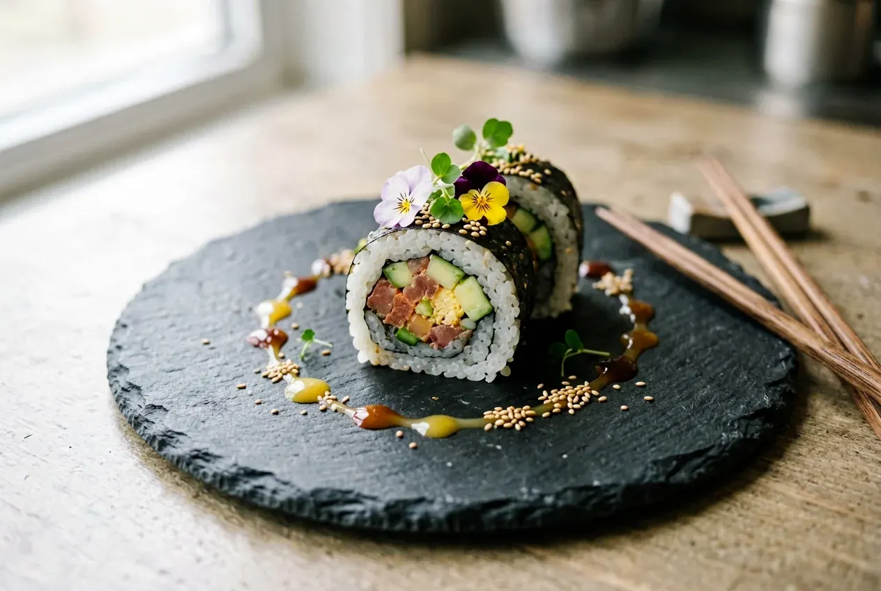 Ролл с тыквой темпура и кленовым сиропом на тёмной деревянной доске, вид сверху