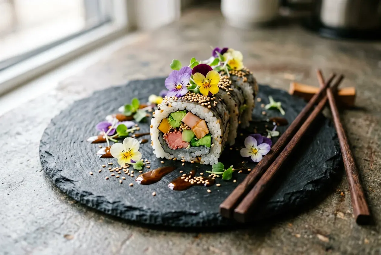 Ролл с авокадо и трюфелем (вегетарианский) на тёмной деревянной доске, вид сверху