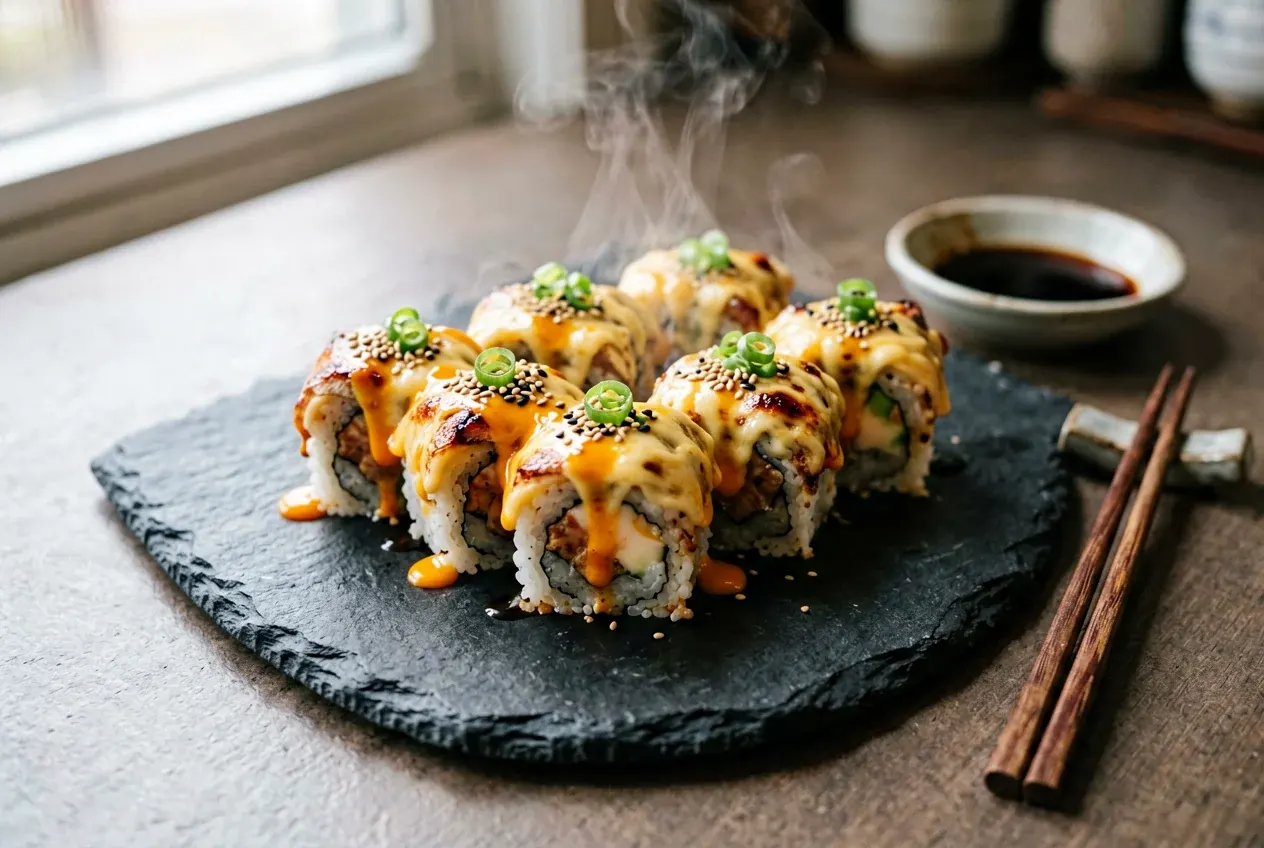 Запечённый с крабом и икрой летучей рыбы на тёмной деревянной доске, вид сверху