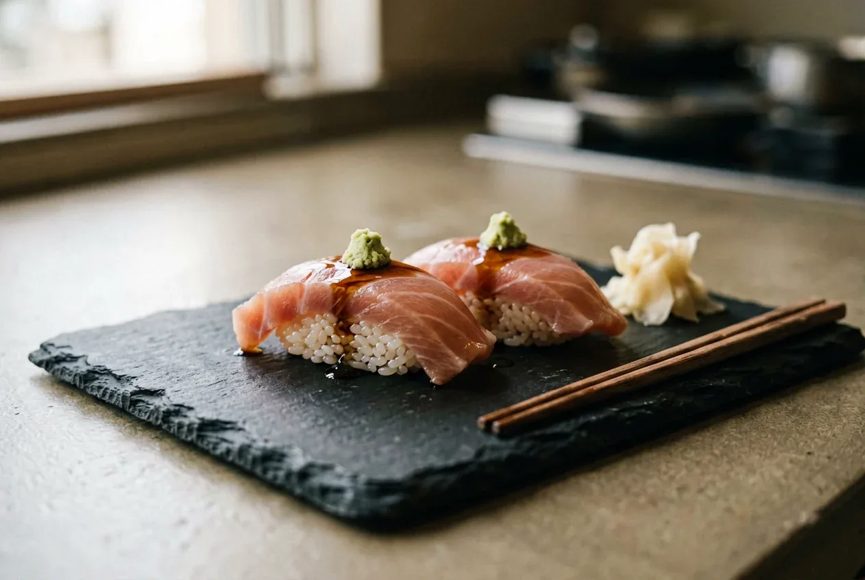 Нигири с крабом и майонезом на тёмной деревянной доске, вид сверху