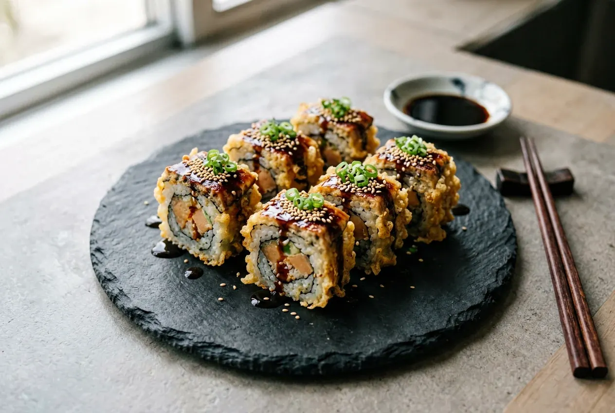 Темпура острая с чили и луком на тёмной деревянной доске, вид сверху