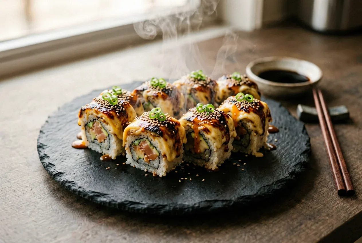 Запечённый ролл с тунцом и моцареллой на тёмной деревянной доске, вид сверху