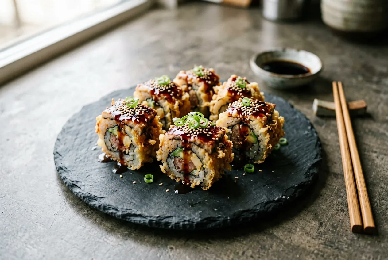 Темпура с лососем и спаржей на тёмной деревянной доске, вид сверху