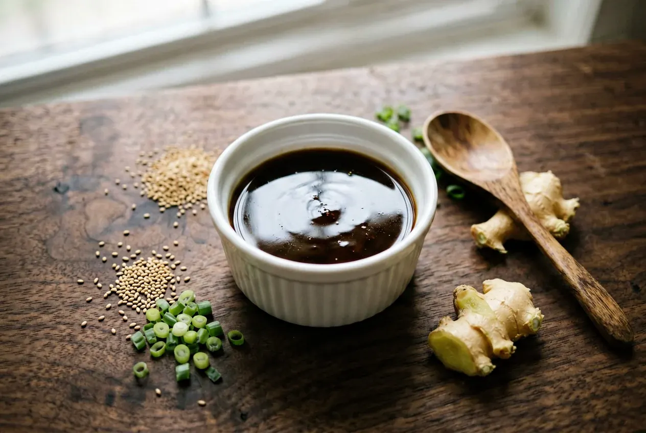 Соус терияки домашний на тёмной деревянной доске, вид сверху