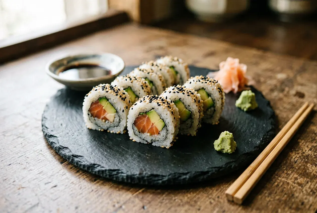 Текка-маки с тунцом на тёмной деревянной доске, вид сверху