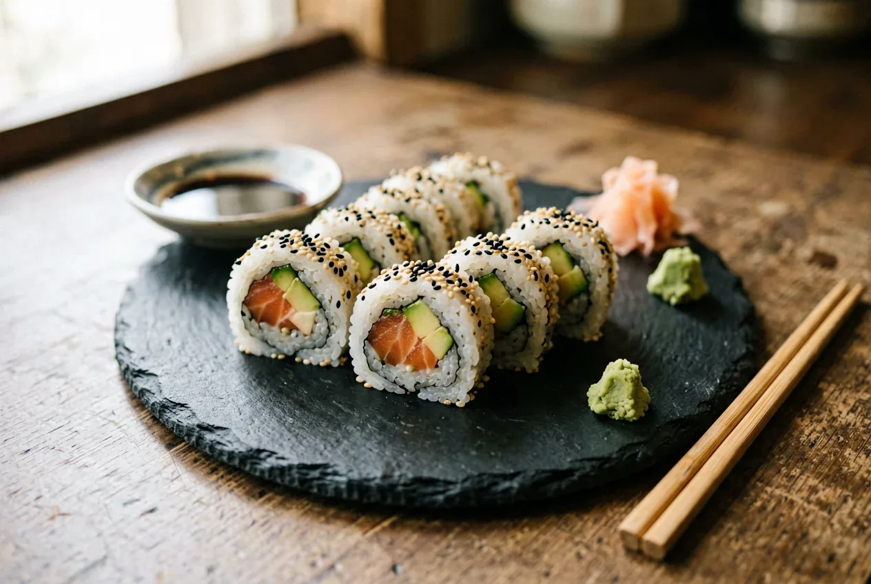 Текка-маки с тунцом на тёмной деревянной доске, вид сверху