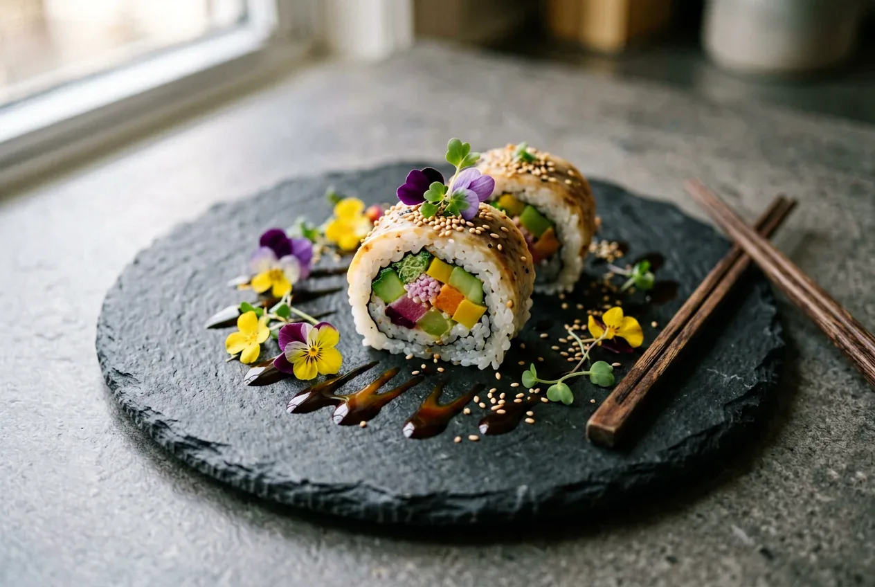 Ролл с креветкой темпура и манго на тёмной деревянной доске, вид сверху