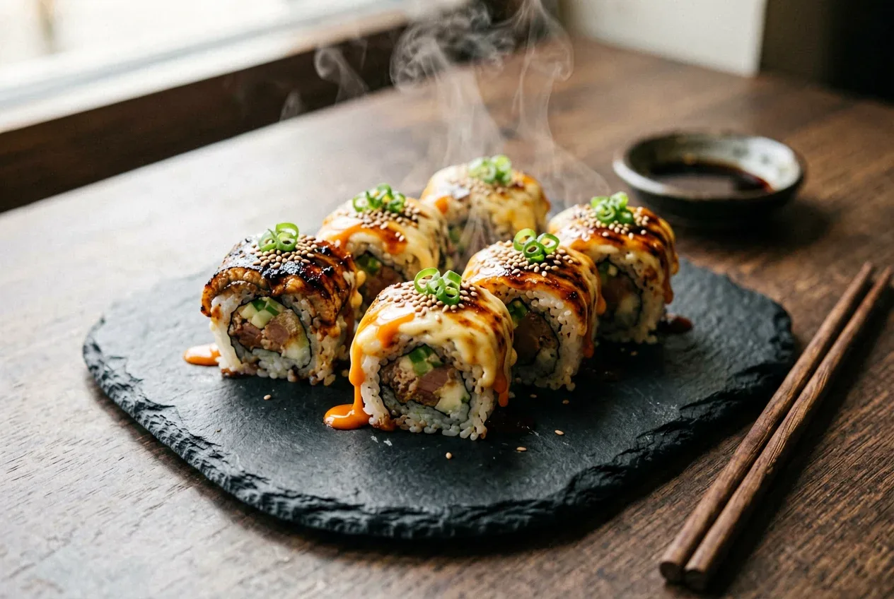 Запечённый с угрём и кунжутом на тёмной деревянной доске, вид сверху