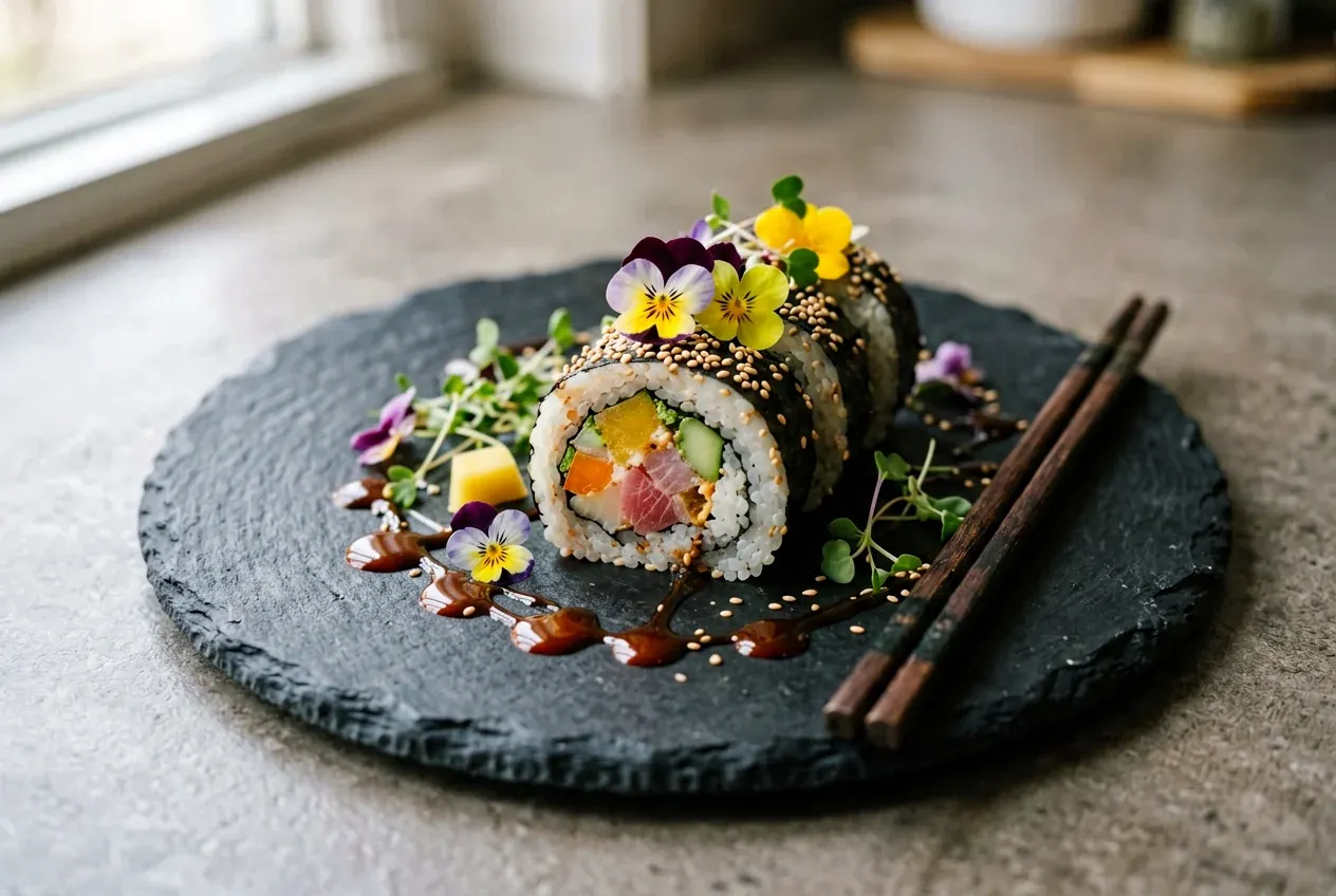 Манго-ролл с тигровой креветкой на тёмной деревянной доске, вид сверху