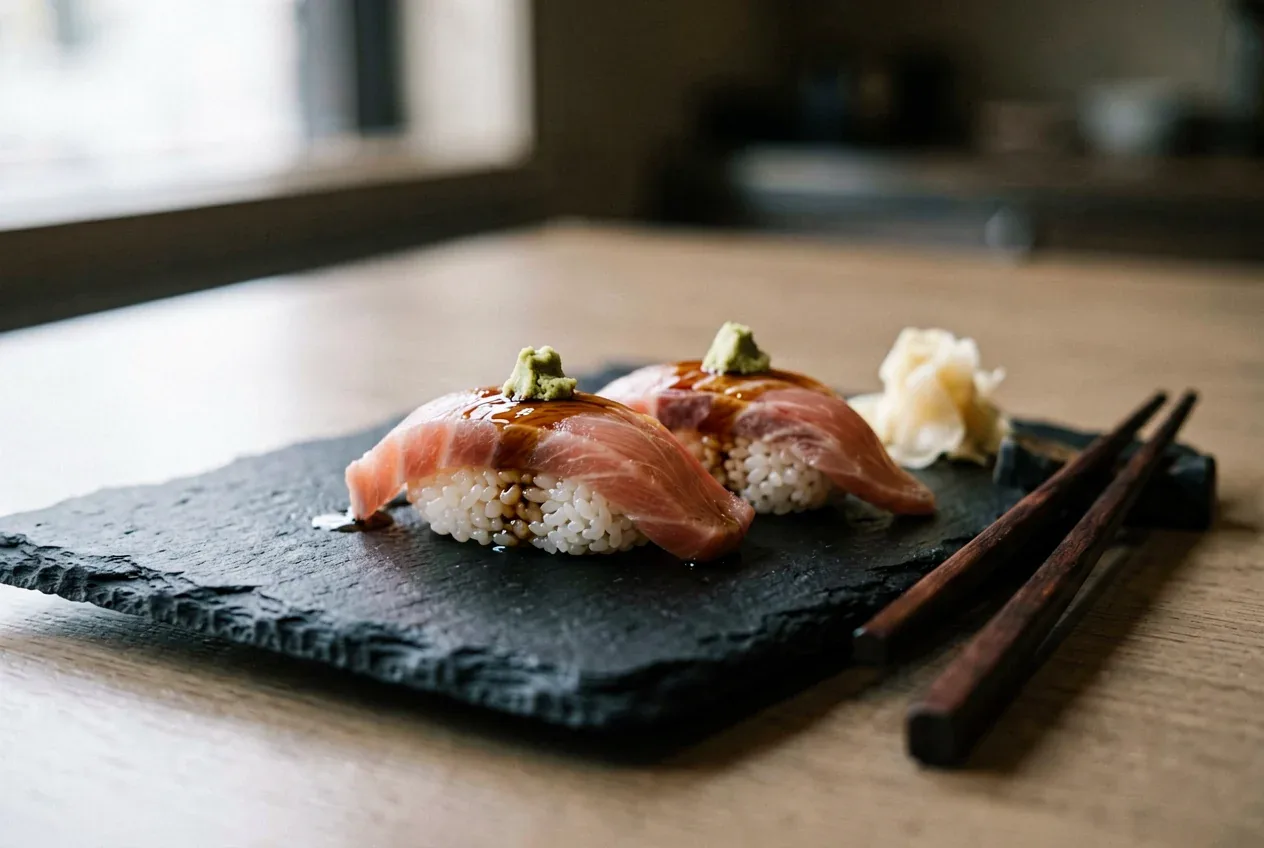 Нигири с морским окунем на тёмной деревянной доске, вид сверху