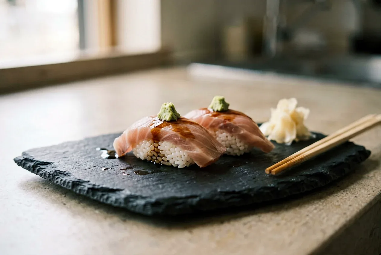 Нигири с тунцом и васаби на тёмной деревянной доске, вид сверху