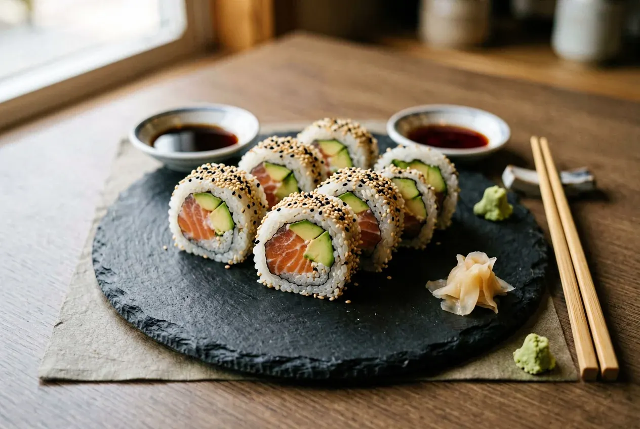 Футомаки с восемью начинками на тёмной деревянной доске, вид сверху