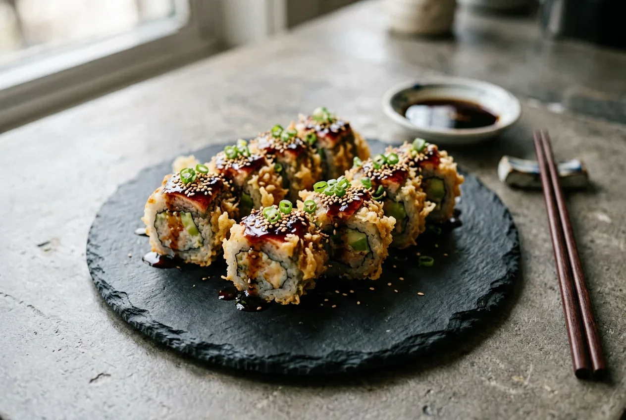 Темпура-ролл с лососем и манго на тёмной деревянной доске, вид сверху