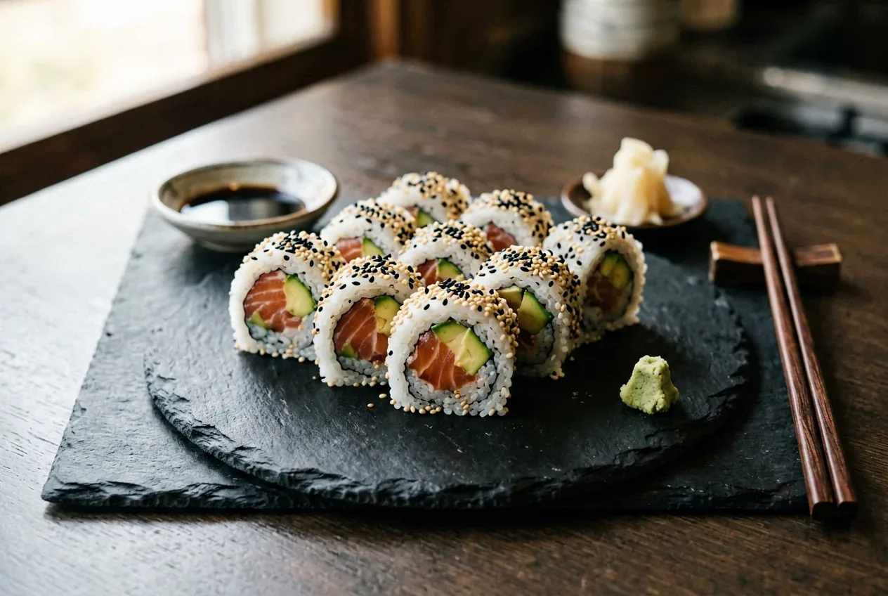 Канада с угрём и огурцом на тёмной деревянной доске, вид сверху