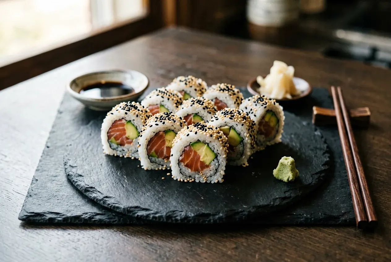 Канада с угрём и огурцом на тёмной деревянной доске, вид сверху