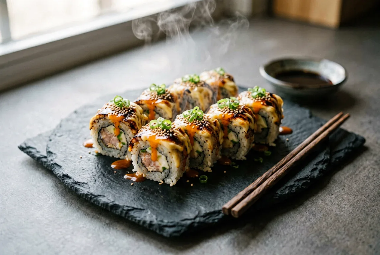 Запечённый с угрём и трюфельным маслом на тёмной деревянной доске, вид сверху