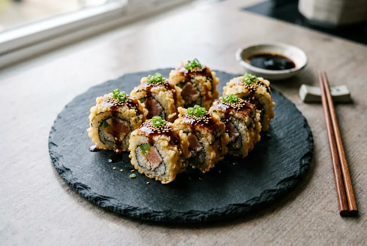 Темпура с тунцом и каперсами на тёмной деревянной доске, вид сверху