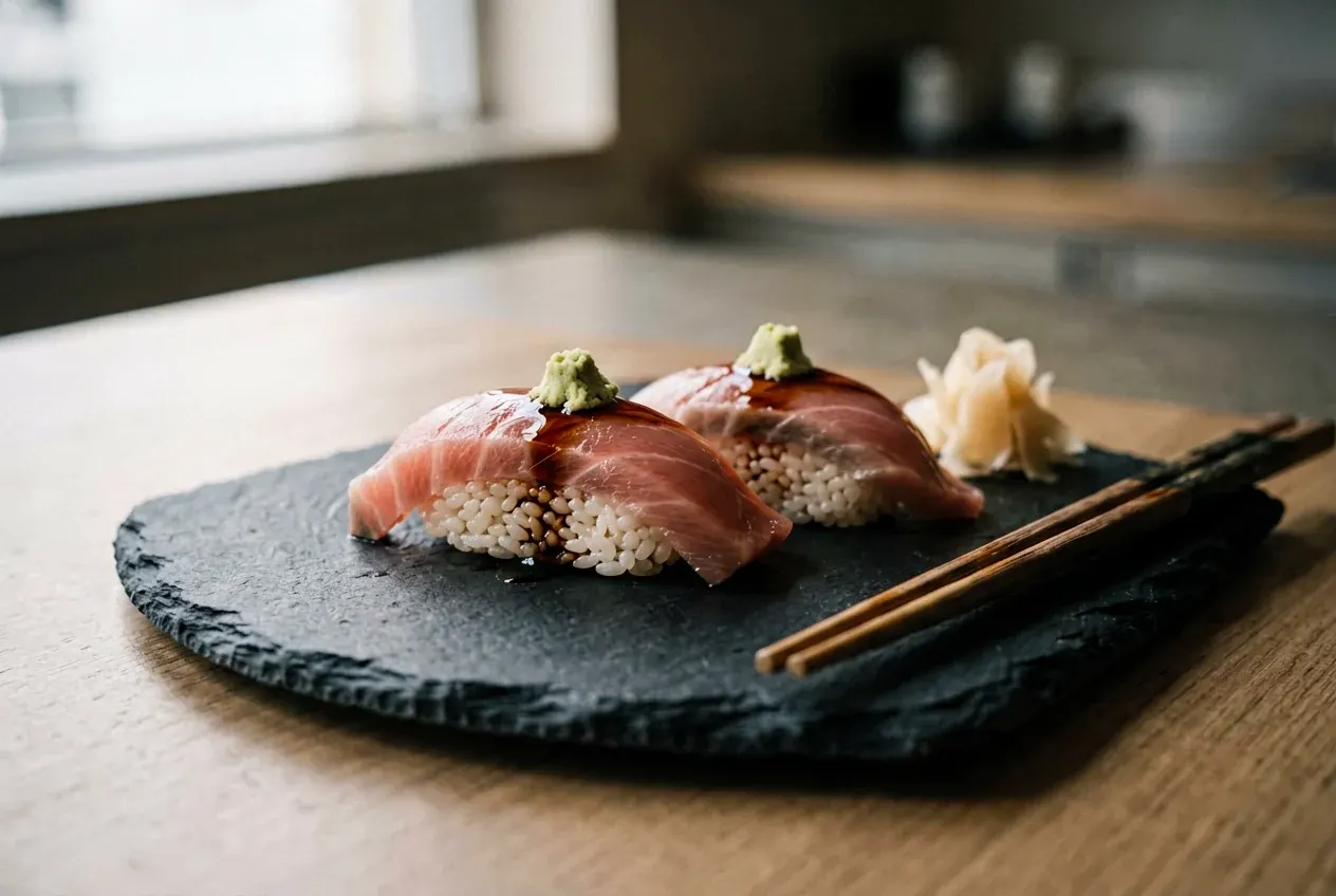 Нигири с осьминогом на тёмной деревянной доске, вид сверху