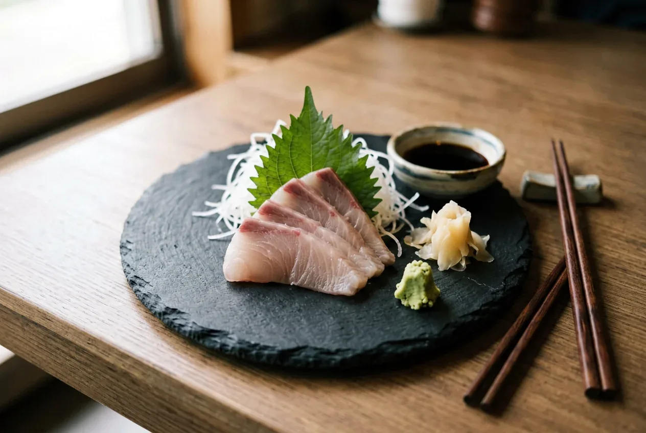 Сашими из морского окуня хира-дзукури на тёмной деревянной доске, вид сверху