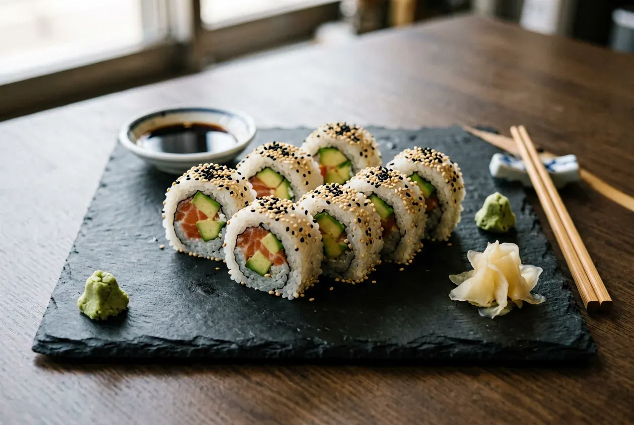 Острый тунец с васаби и тобико на тёмной деревянной доске, вид сверху