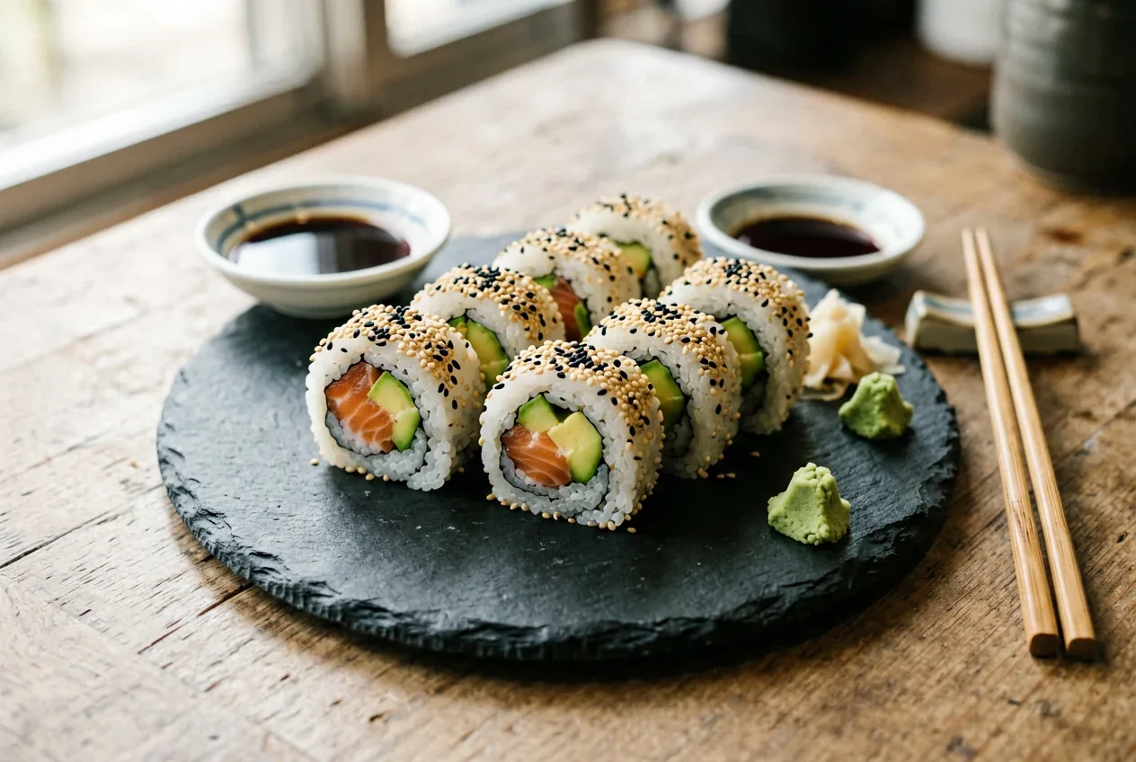 Кани-маки с крабом на тёмной деревянной доске, вид сверху