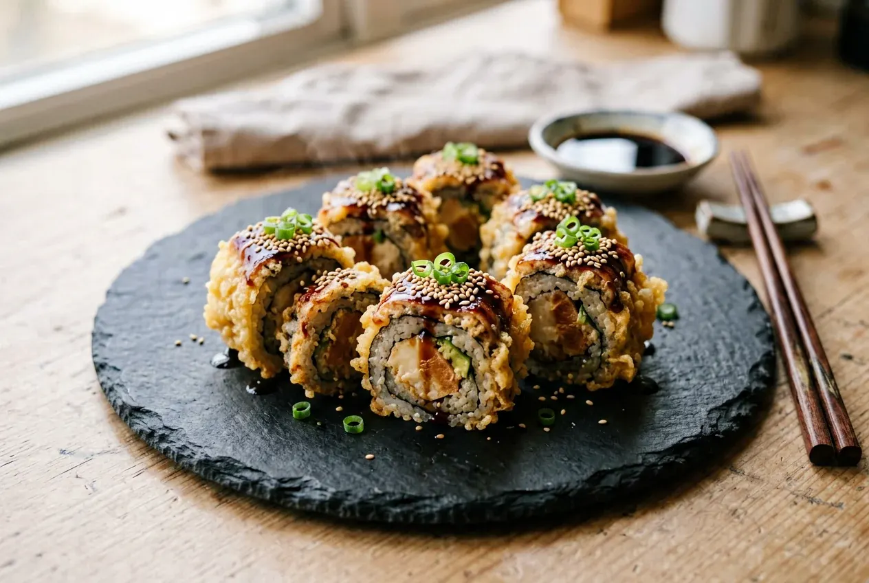 Темпура с лососем и пармезаном на тёмной деревянной доске, вид сверху