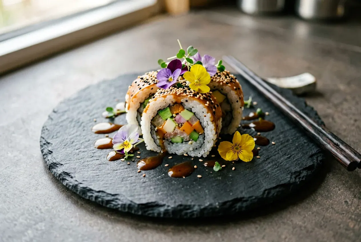 Фруктовый ролл с киви и грушей на тёмной деревянной доске, вид сверху