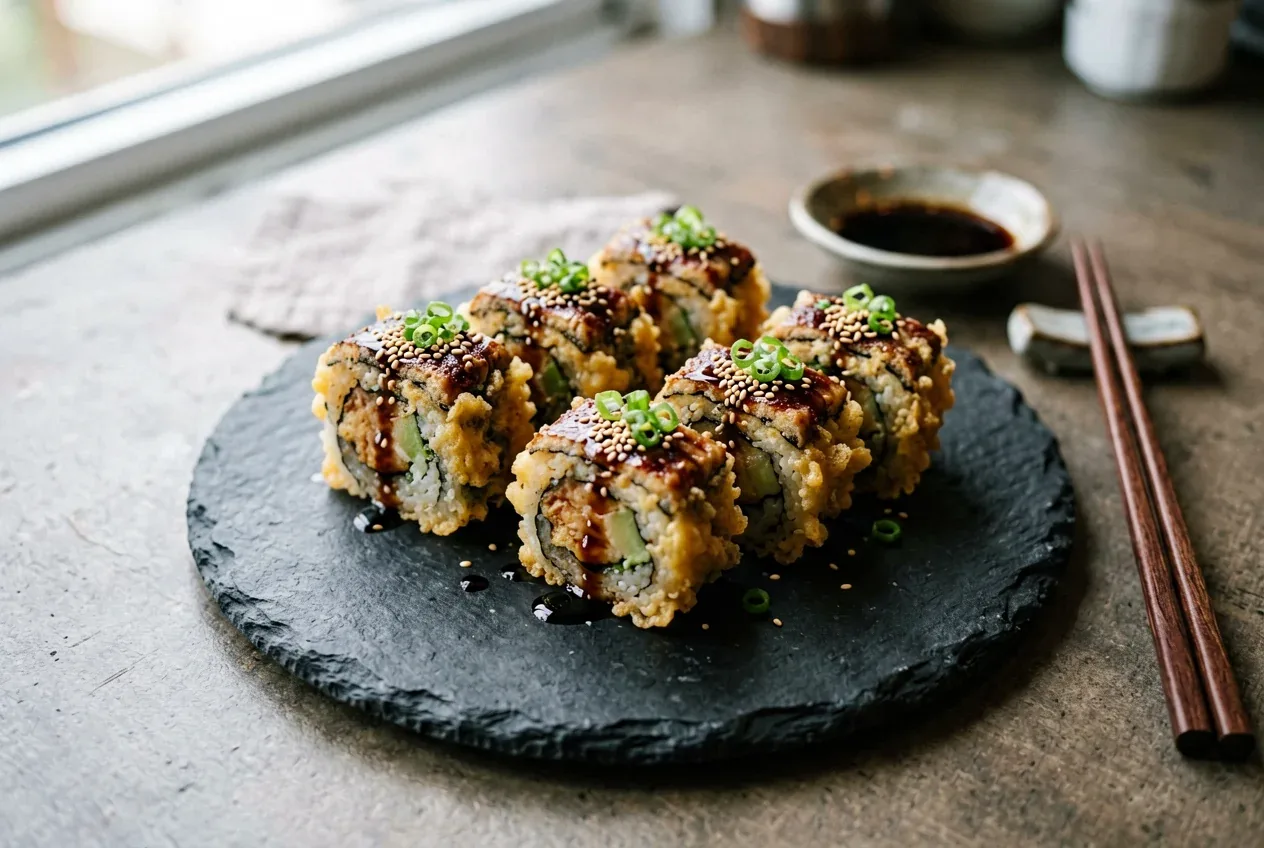 Темпура-ролл с угрём на тёмной деревянной доске, вид сверху