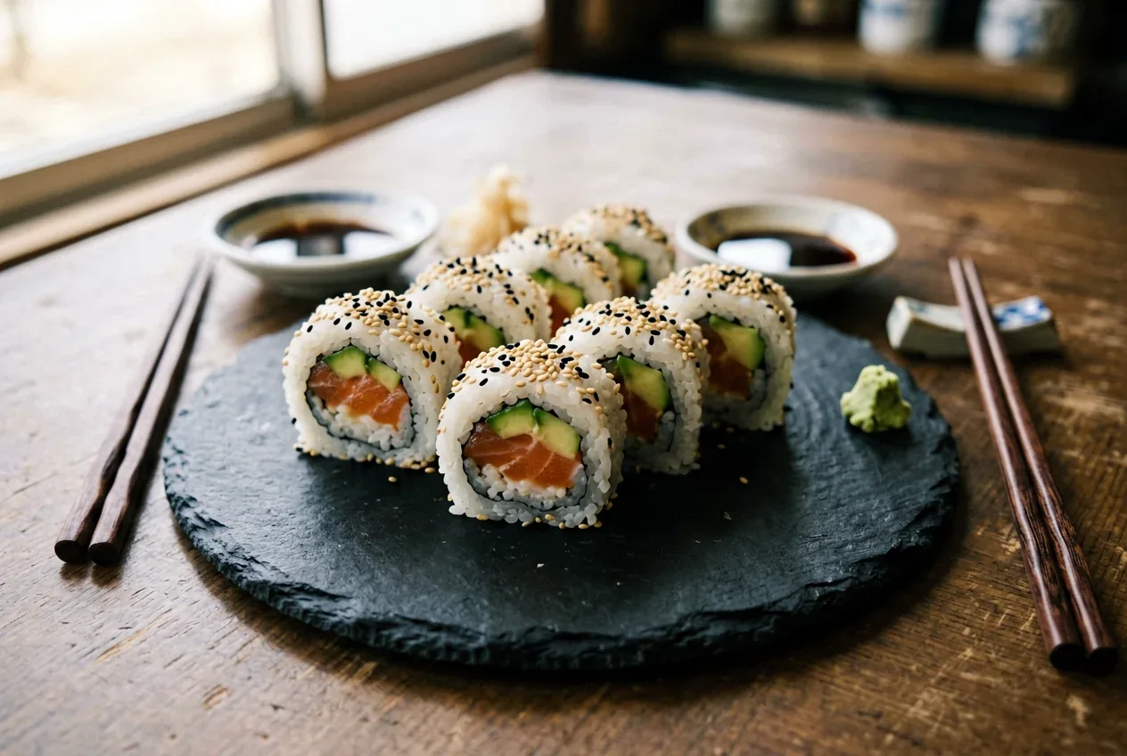Натто-маки с ферментированной соей на тёмной деревянной доске, вид сверху
